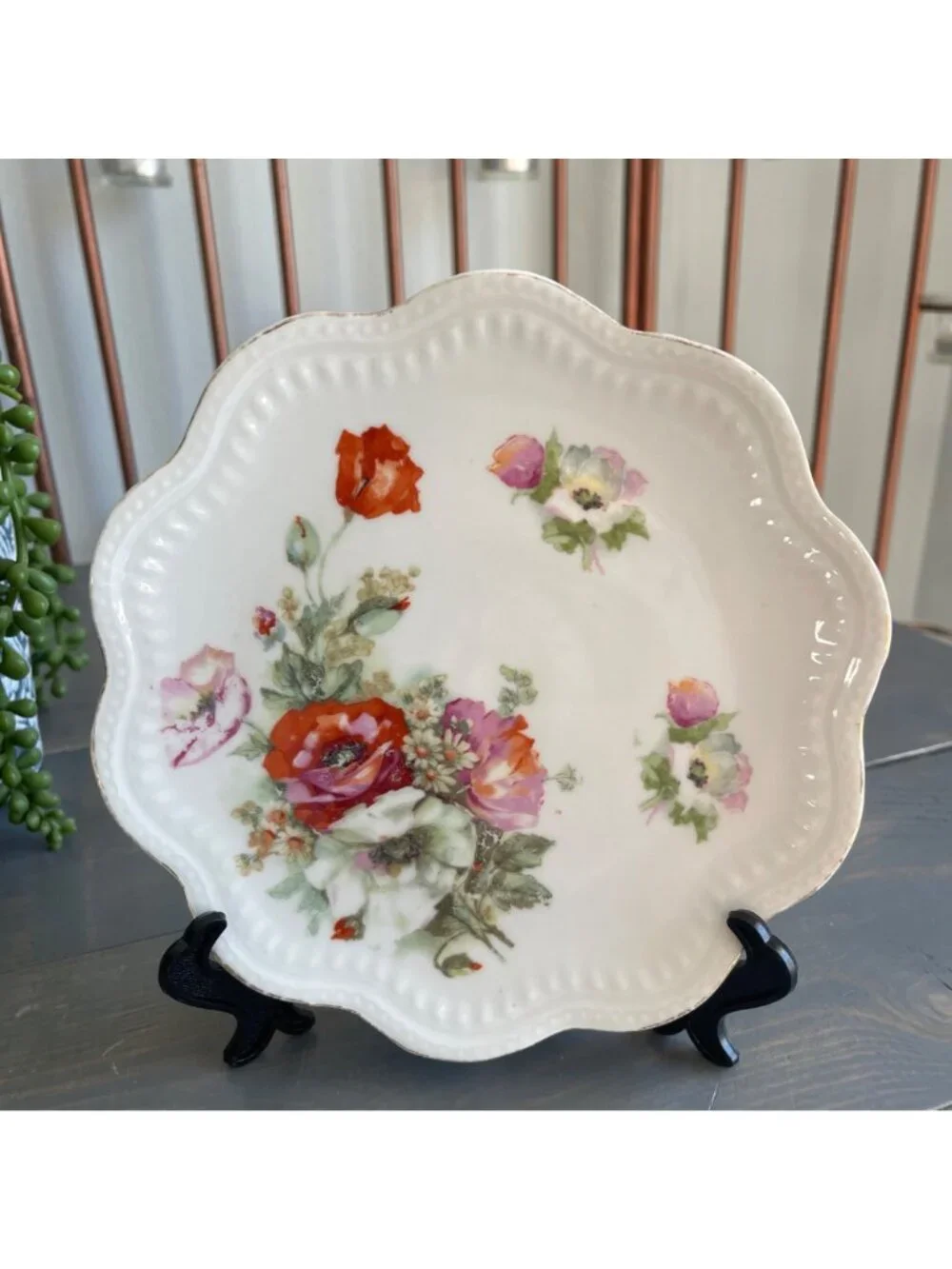 Antique Hand Painted Floral Porcelain Plate Germany Poppies Pink Roses Scalloped